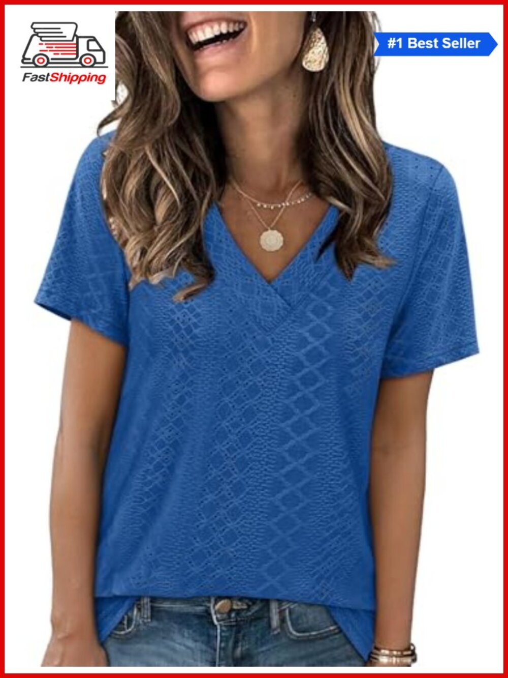 ✨ SAMPEEL Eyelet Crossed V Neck Short Sleeve T-Shirt